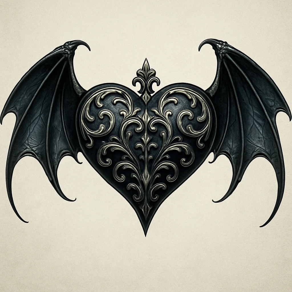 gothic style heart with bat wings, black and silver colors emoji