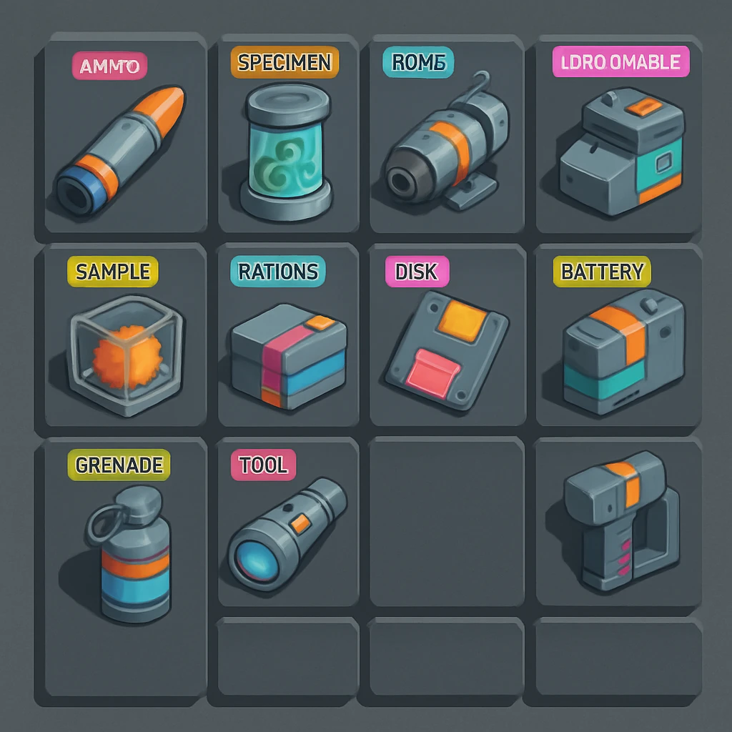 a virtual display, a gray grid with darker gray cells, each cell containing an item viewed in isometric minimalism render The cells have pastel neon colored labels in their upper corner, indicating various traits of the items. retrofuturism, circa 2880's.
The items are scientific and military in nature - varieties of munitions, scientific samples, rations, data storage, utilities. There are two arrays of grids, one left, one right. Each array has a few empty spaces at the bottom. "CAD RENDERED PHOTOREALISM" brutalism. the items are adorned in a combination of  bright colors, neon-safety, early 90's pallet, with muted gray tones in EVEN BALANCE. emoji