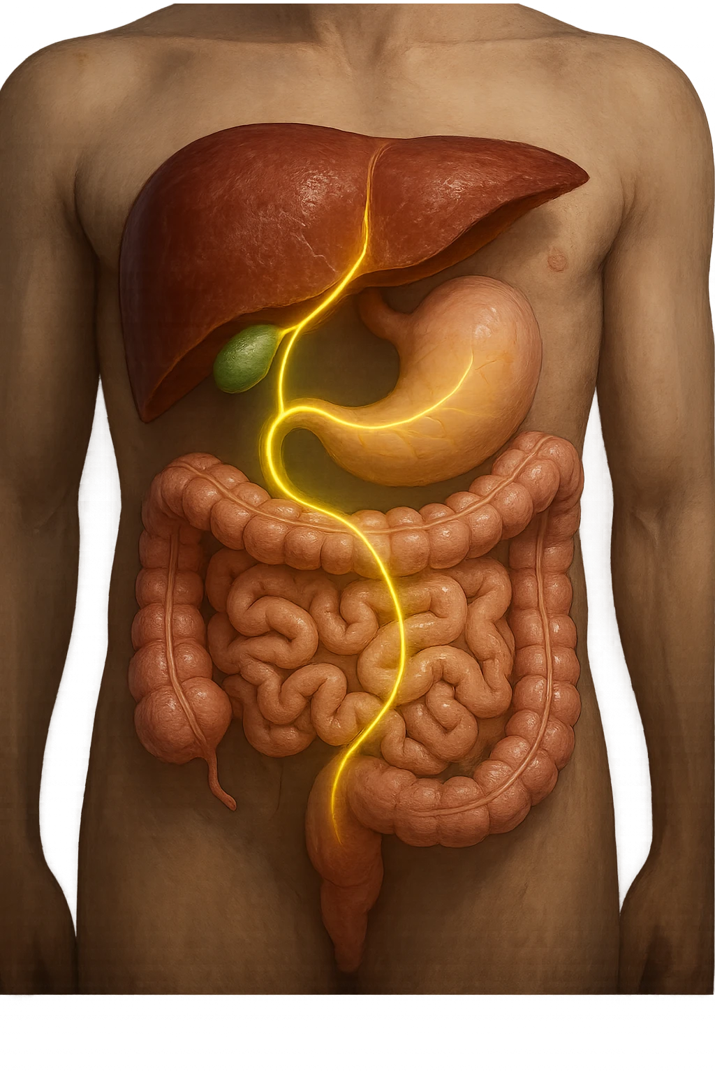 A detailed anatomical illustration-style image focusing on the human torso, highlighting the liver, gallbladder (cistifellea), and intestines. The organs are shown with realistic textures and colors: the liver in deep reddish-brown, the gallbladder as a small greenish sac tucked under the liver, and the intestines in soft pinkish hues. Connecting these organs are glowing, semi-transparent lines or light trails in vibrant colors (e.g., bright yellow or green) that visually trace the functional and physiological links between them. The lines flow smoothly from the liver to the gallbladder and then down to the intestines, symbolizing bile flow and digestive processes. The background is a subtle dark gradient that enhances the brightness and clarity of the lines and organs. The style is a blend of medical illustration and modern digital art, clear, precise, and visually engaging emoji