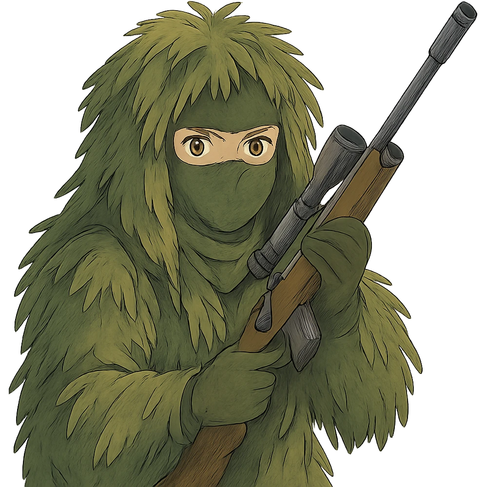 1 female, gold yellow eyes, face covered green balaclava, full military ghillie sniper camouflage, rifle up emoji