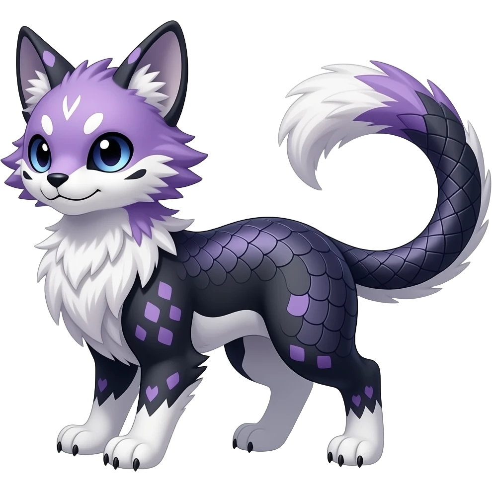 Grunge-patterned watercolor-patterned feathery elegant realistic Furry, feathery fluffy tropical flecked painted feathery scaly, Purple, white, black, Minccino-Bambino-Lykoi-Linoone-Zangoose-fusion-hybrid-animal-Fakémon-creature, full body, thin long sleek scaly tail, intricate markings emoji