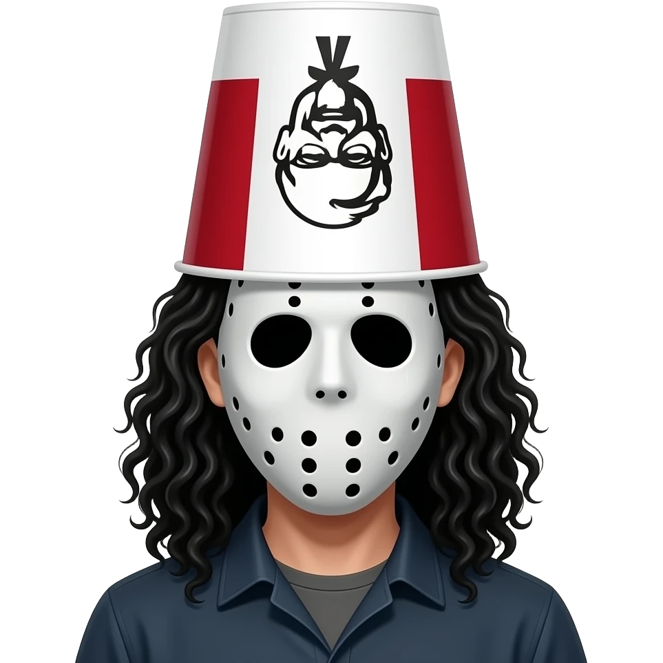 Man with curly super long black hair  white michael myers mask and kfc bucket upside down on his head emoji