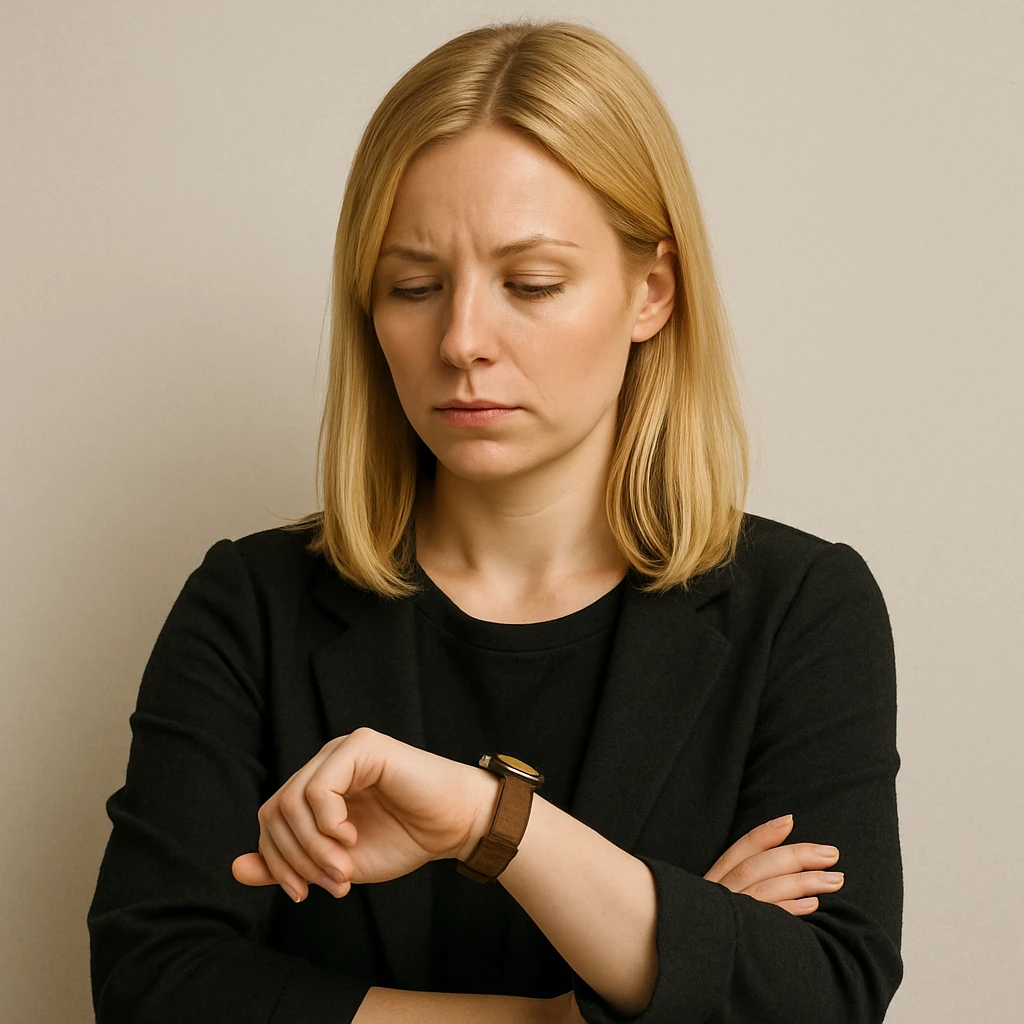 a blonde-haired woman glancing at her watch, waiting, simple background emoji