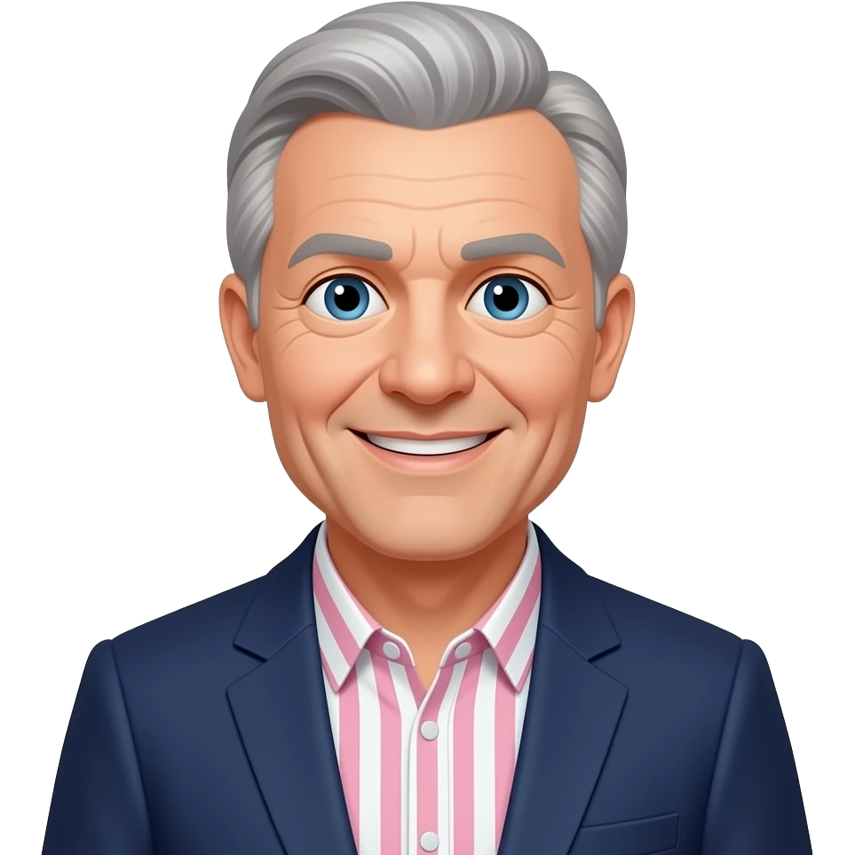 DJR - man, age 70, grey hair, blue eyes, pink and white striped shirt, dark blue blazer, friendly smile emoji