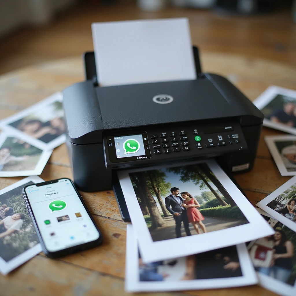 realistic thumbnail image for a WhatsApp print out service, showing a printer surrounded by printed photos and documents, with a phone displaying WhatsApp and file icons for images and documents visible emoji
