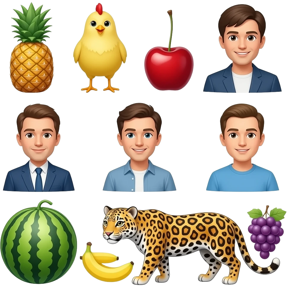 Patrick pineapple chick cherry Andy Apple tom watermelon Bob banana Jaguar grapes emoji