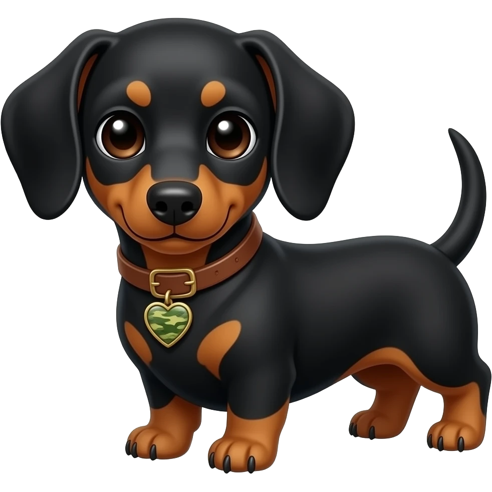Un perrito salchicha adorable negro con cejas marrones, hosico y  patas marrónes Collar marrón clarito con una chapita en forma de corazón con estampado de camuflado verde emoji