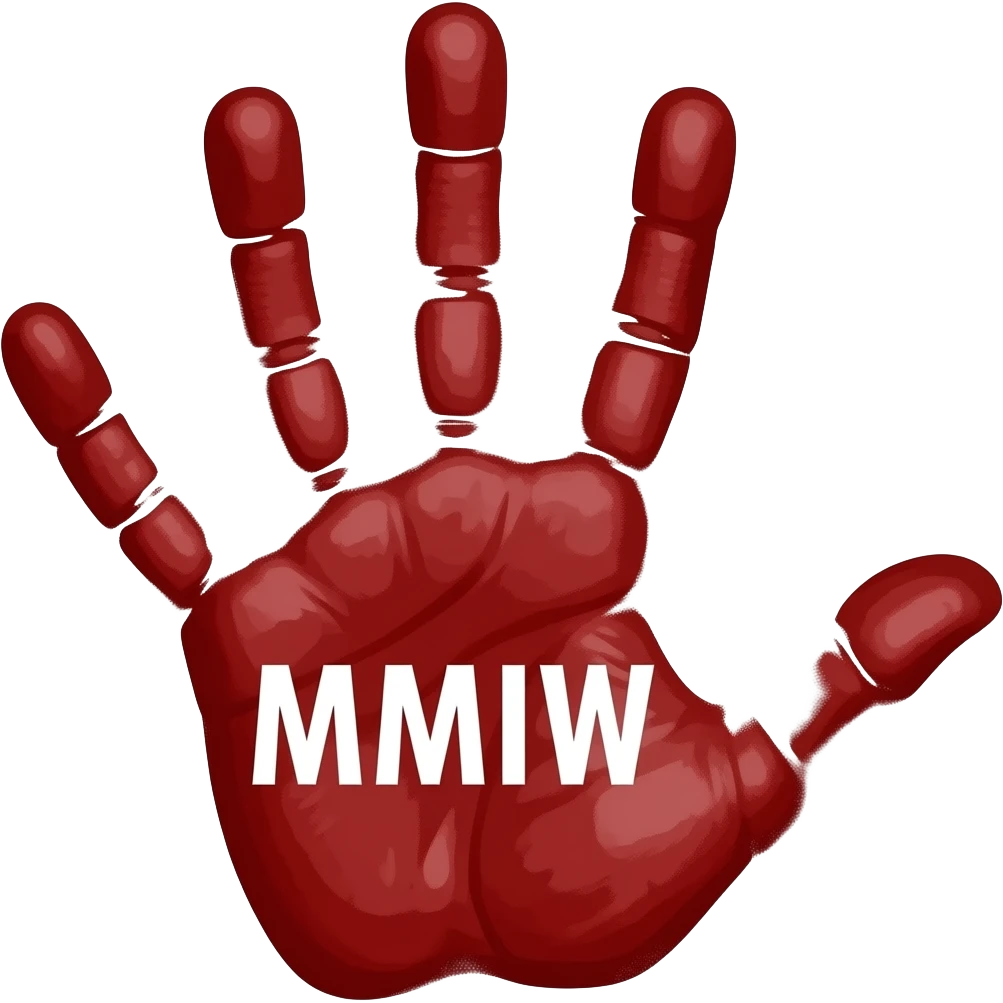 bloody hand print with the word MMIW in white on palm emoji