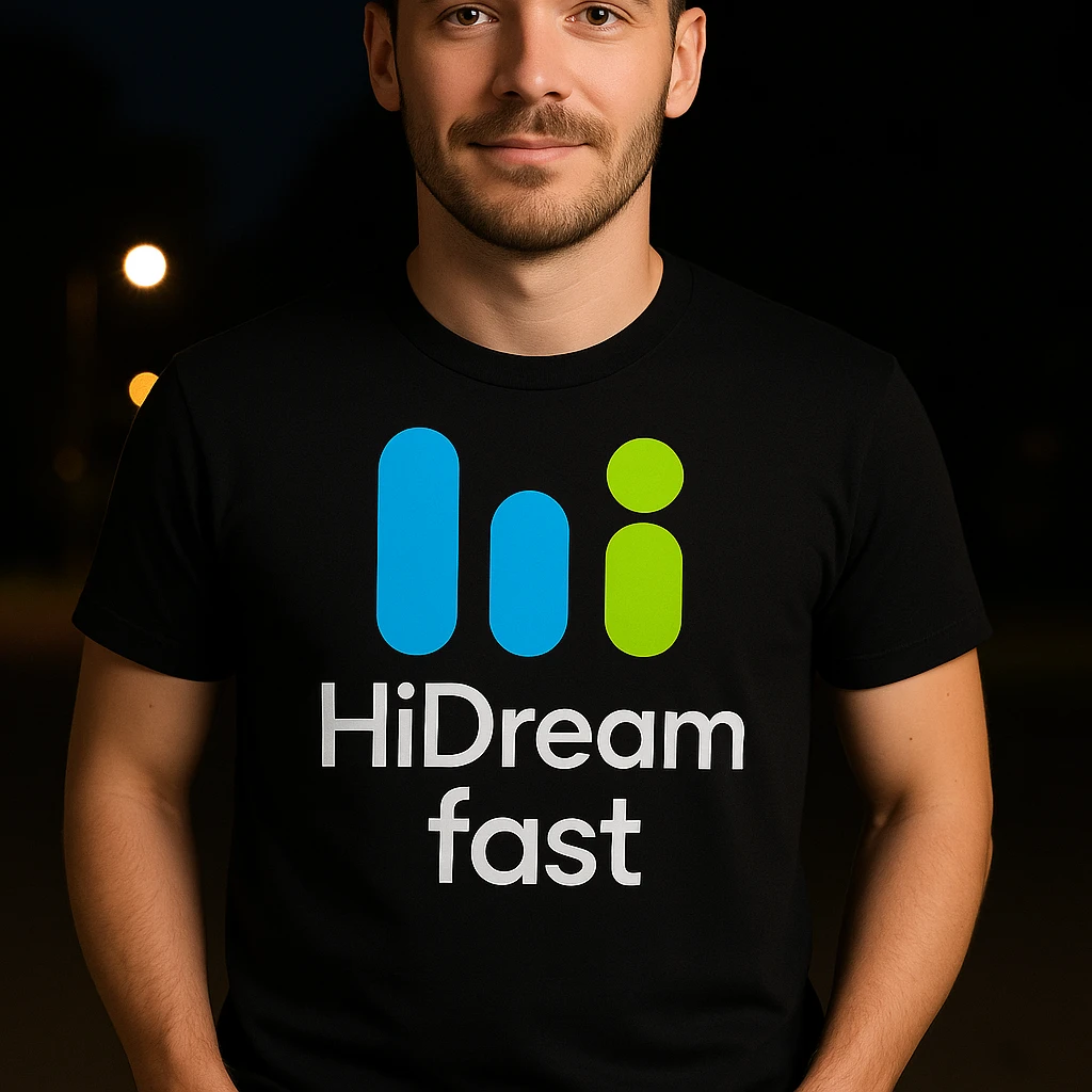 man wearing tshirt with this logo, dark night background with dim , add fast below logo emoji