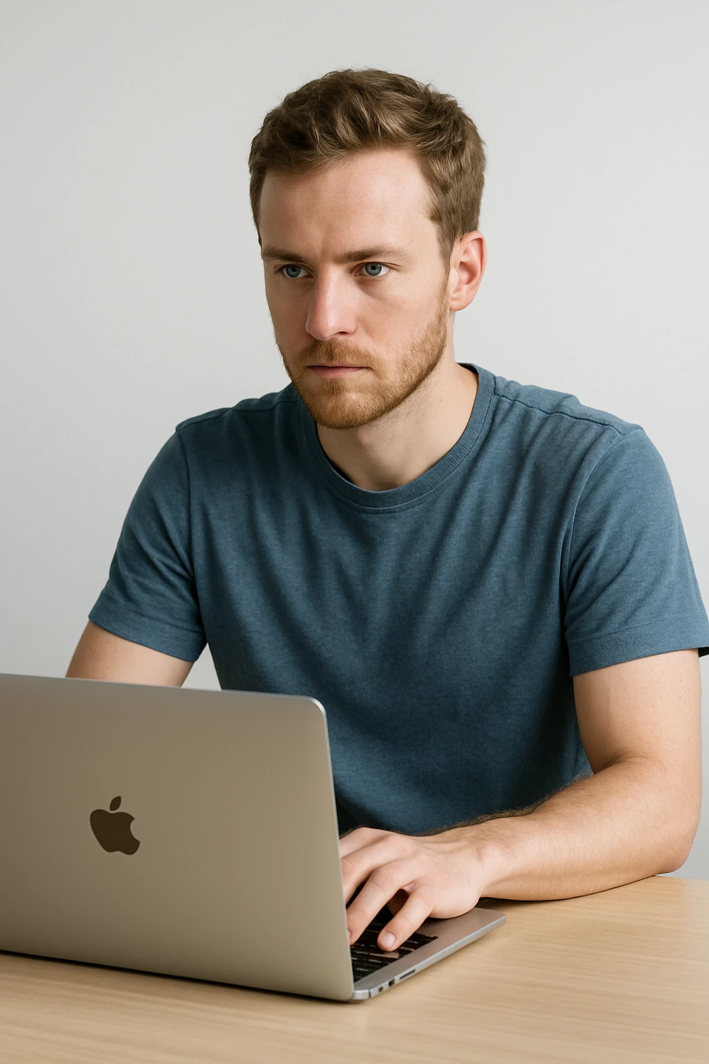 Blue-eyed European man typing on a MacBook, casual attire, minimalistic scene emoji