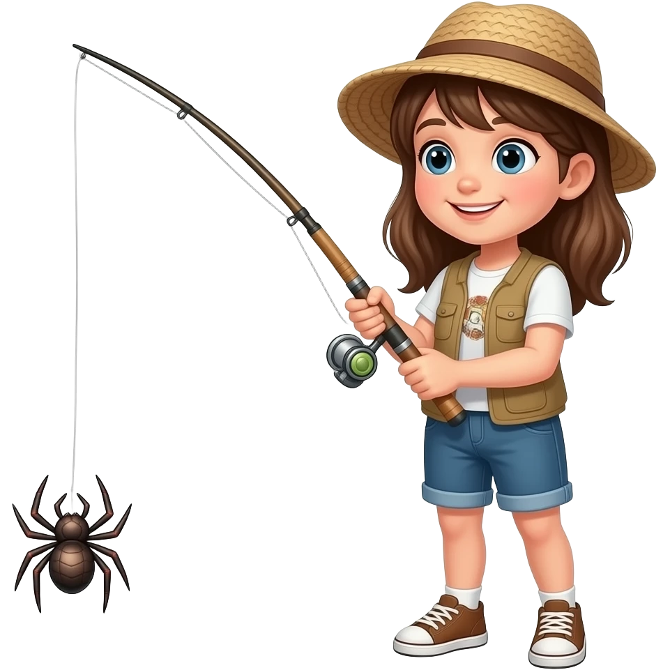 a girl fishing with a spider on the end of her line emoji
