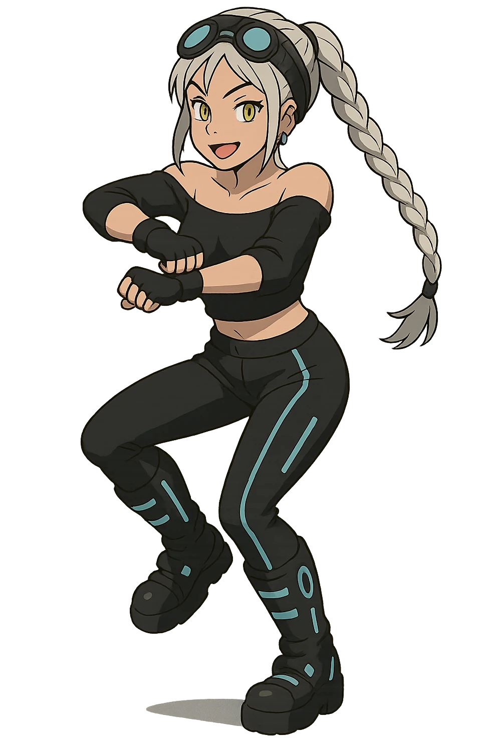 1 female, gold yellow eyes, long white braid, black off shoulder top, futurepunk cybergoth doing “oppa gangnam style”  dance emoji