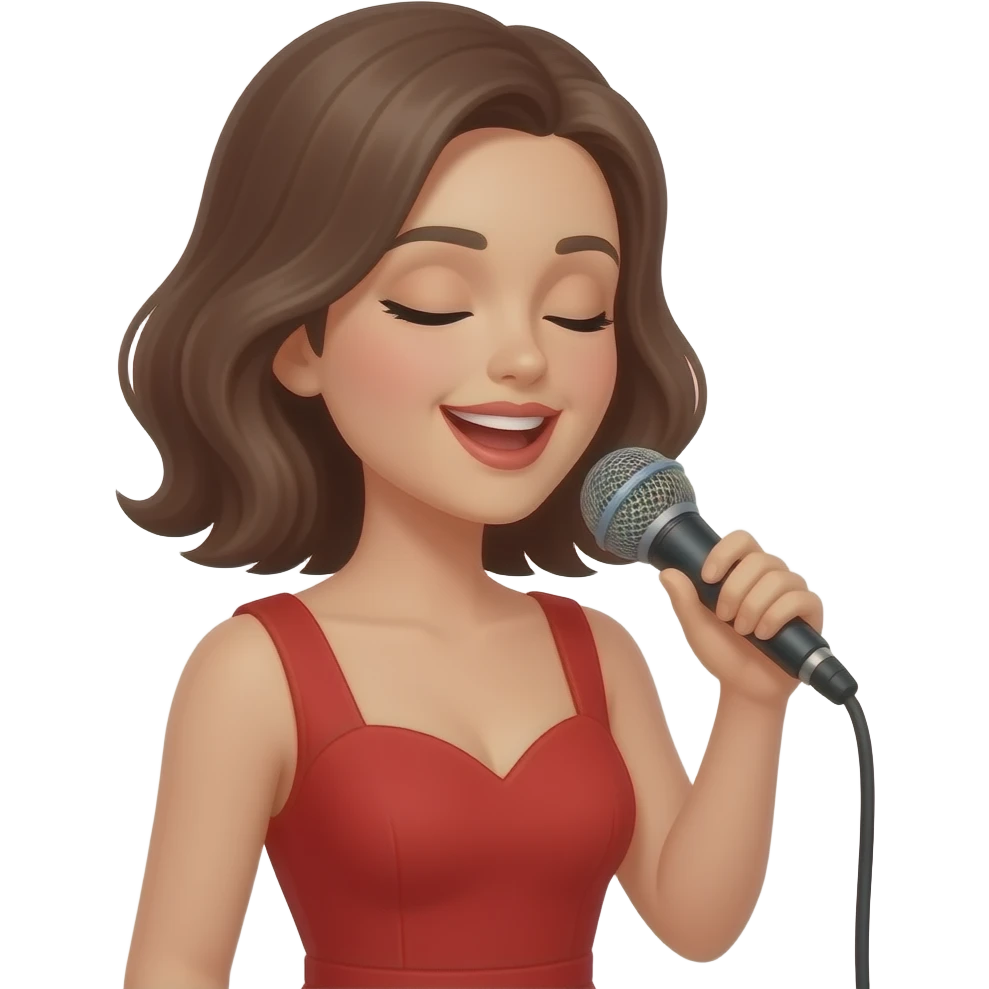 women singing in a red dress to a microphone closing her eyes emoji