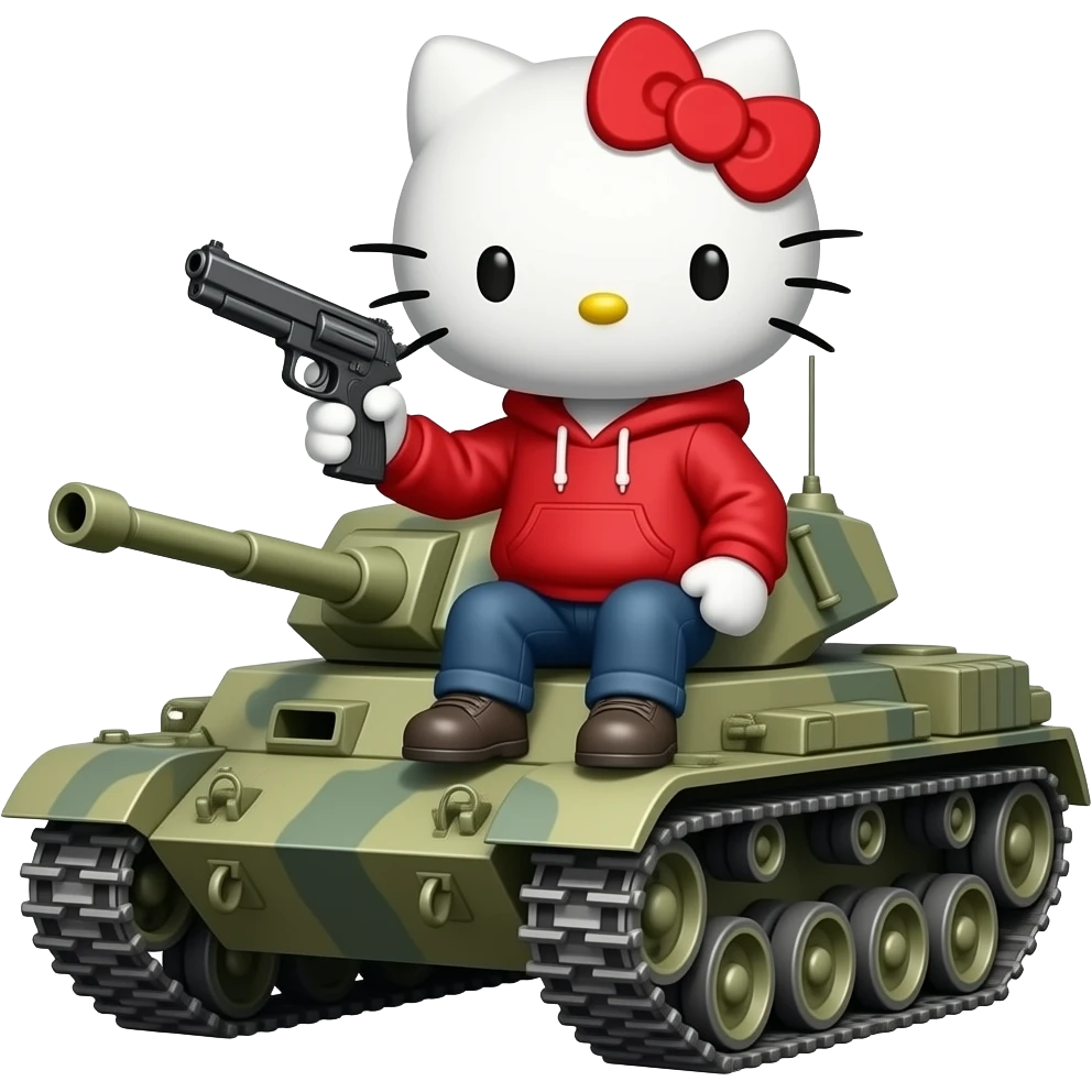 hello kitty male version with red hoodie and the hood white. holding a gun, full body. and he sits in a war tank emoji