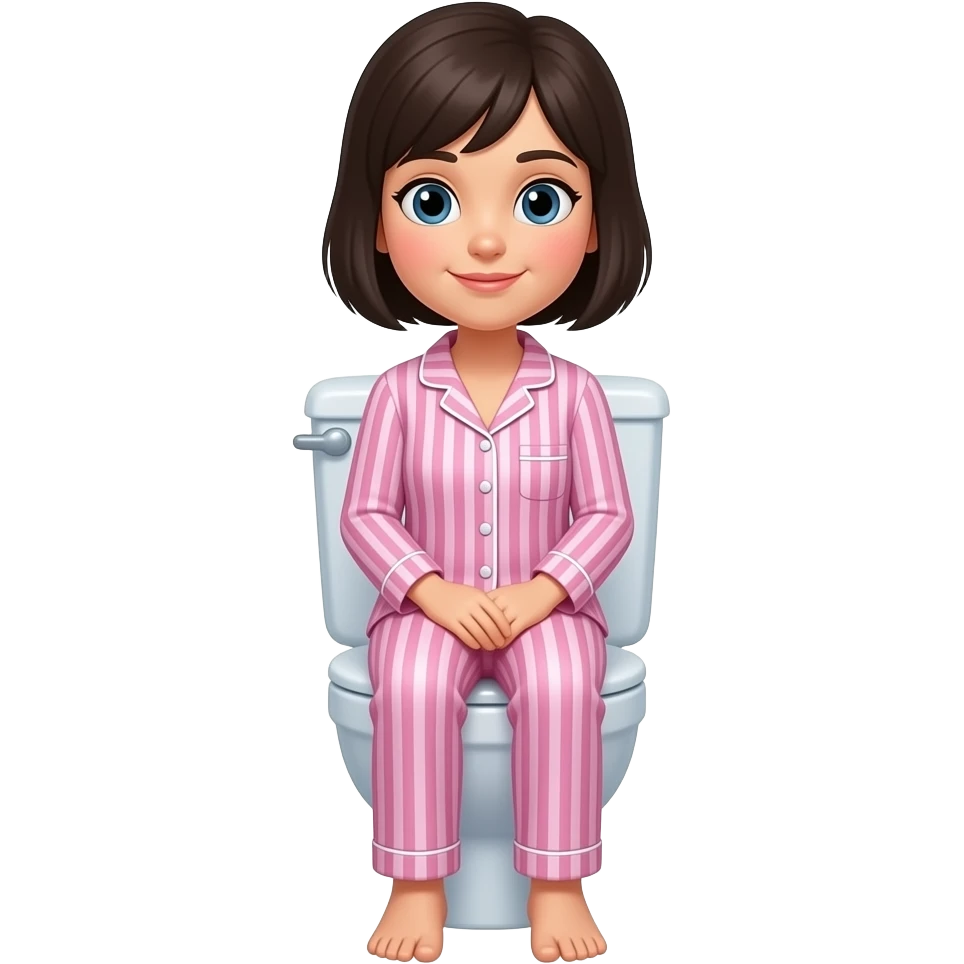 chica con pijama de rayas color rosa, de cabello oscuro y corto sentada en un inodoro del baño emoji