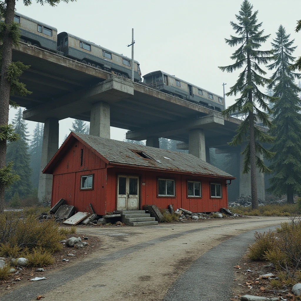  a screenshot of a location in a videogame  the image of the scene consists of:  [above-ground train freeway partially collapsed], a red 1980's construction wooden motel painted red, surrounded by war-torn pollution wreckage, wooded area emoji