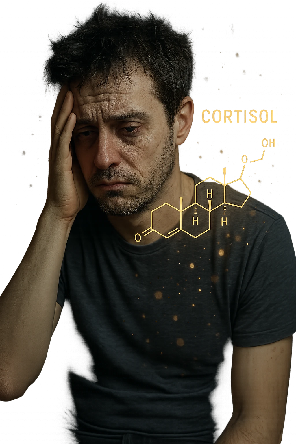 realistic and cinematic image of elevated cortisol, human figure showing signs of stress, insomnia, and tiredness, visual elements representing cortisol hormone, no background, 2:3 aspect ratio emoji