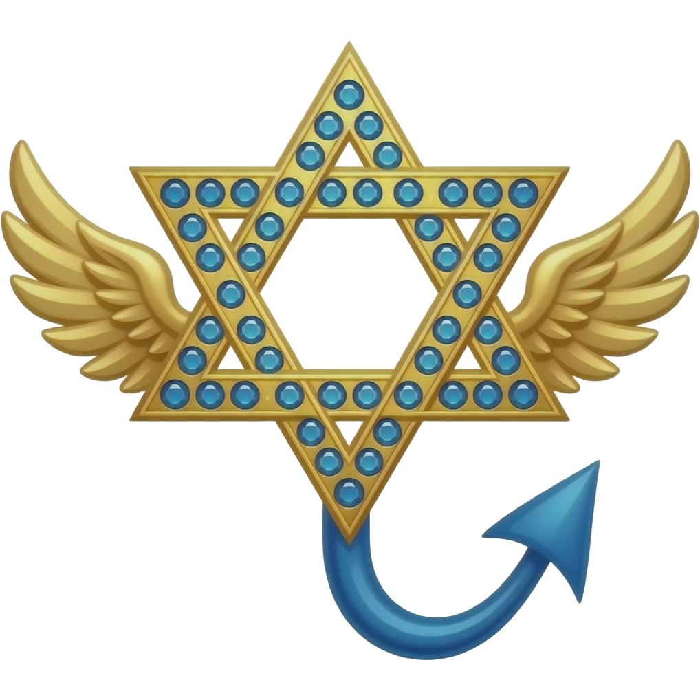 A gold six-pointed Star of David encrusted with royal blue stones with wings coming out of both sides and a blue devil tail coming out of the bottom emoji