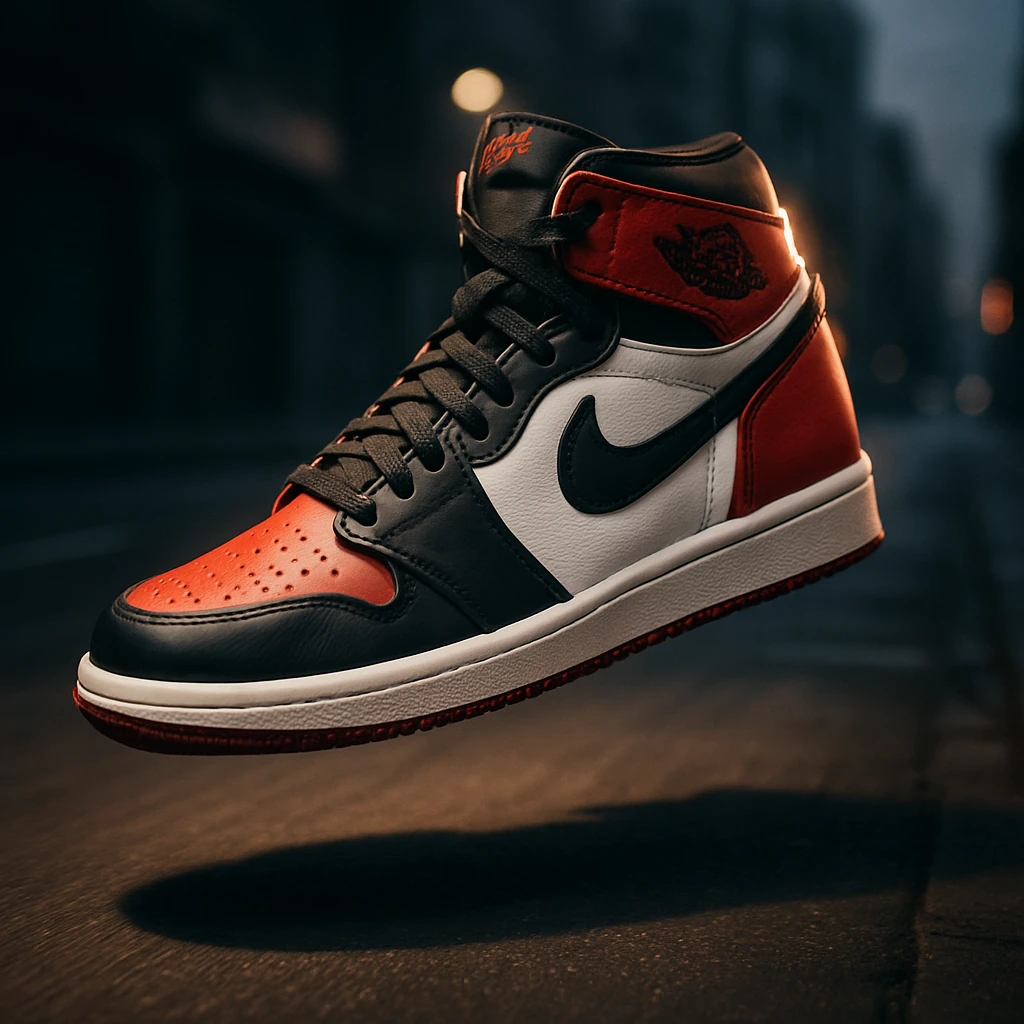 “A high-resolution image of an iconic Air Jordan sneaker floating in mid-air with dramatic lighting, shadow underneath, glowing edge highlights, bold red, black, and white color scheme, urban street background blurred, sharp focus on the shoe, cinematic depth of field, dynamic angle with motion lines, premium sneaker ad style.” emoji