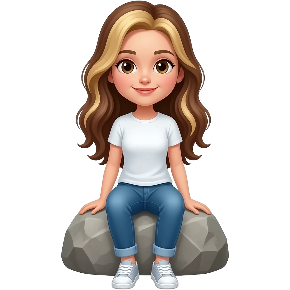 una chica sentada en una roca, es grande i tiene el pelo largo i castaño con un poco de rubio mezclado emoji