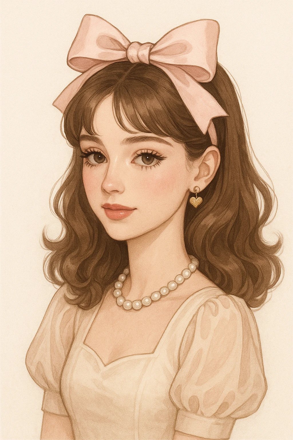 mujer coquette, estilo moderno, maquillaje suave, lazo en el cabello, fondo claro emoji
