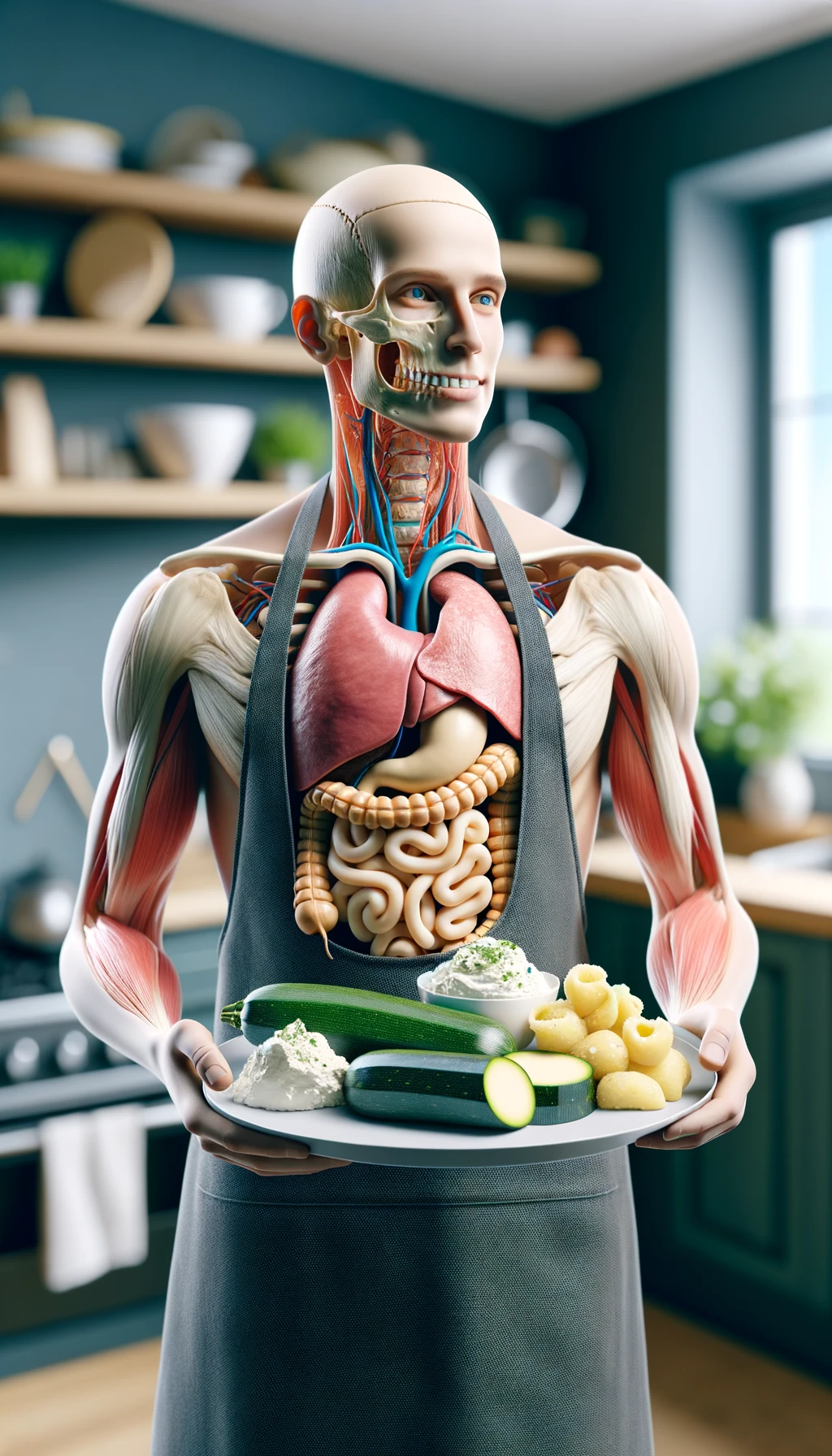 corpo umano anatomico con capelli corti con grembiule da cucina che tiene in mano un piatto con una zucchina, gnocchi di patate e ricotta, intestino anatomico realistico in evidenza, cucina sfocata sullo sfondo emoji