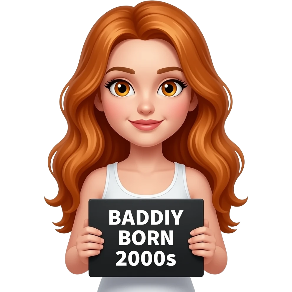 sexy girl with long ginger hair and ginger eyes wearing a white tanktop is holding a black sign with BADDIE BORN in the 2000s written on it emoji