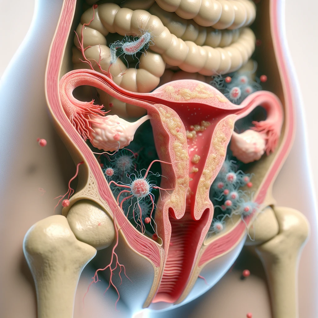 corpo umano anatomico con batteri come la candida nell'utero, sfondo neutro chiaro, iperrealistico 4k emoji