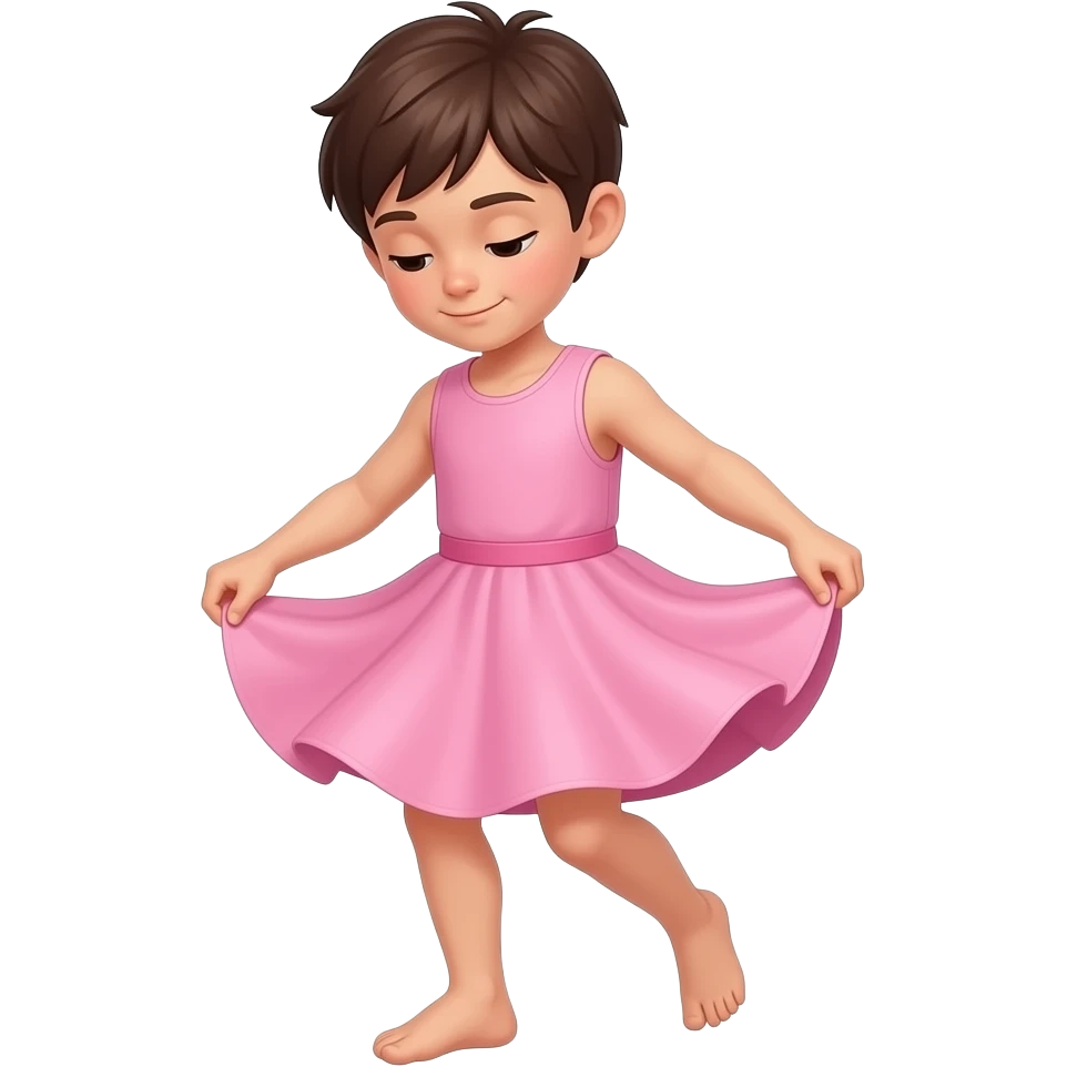 full body view of a boy twirling while wearing a pink sleeveless dress without shoes, he's shyly looking down at himself while grabbing the hem of the dress emoji