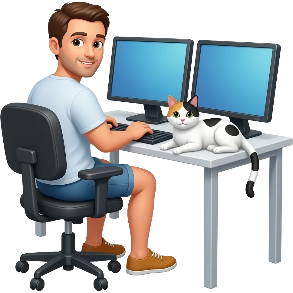 a guy sitting at home at the desk in shorts, he is turning around to us - at the desk there are two screens and a white cat with some black spots lying on the keyboard emoji
