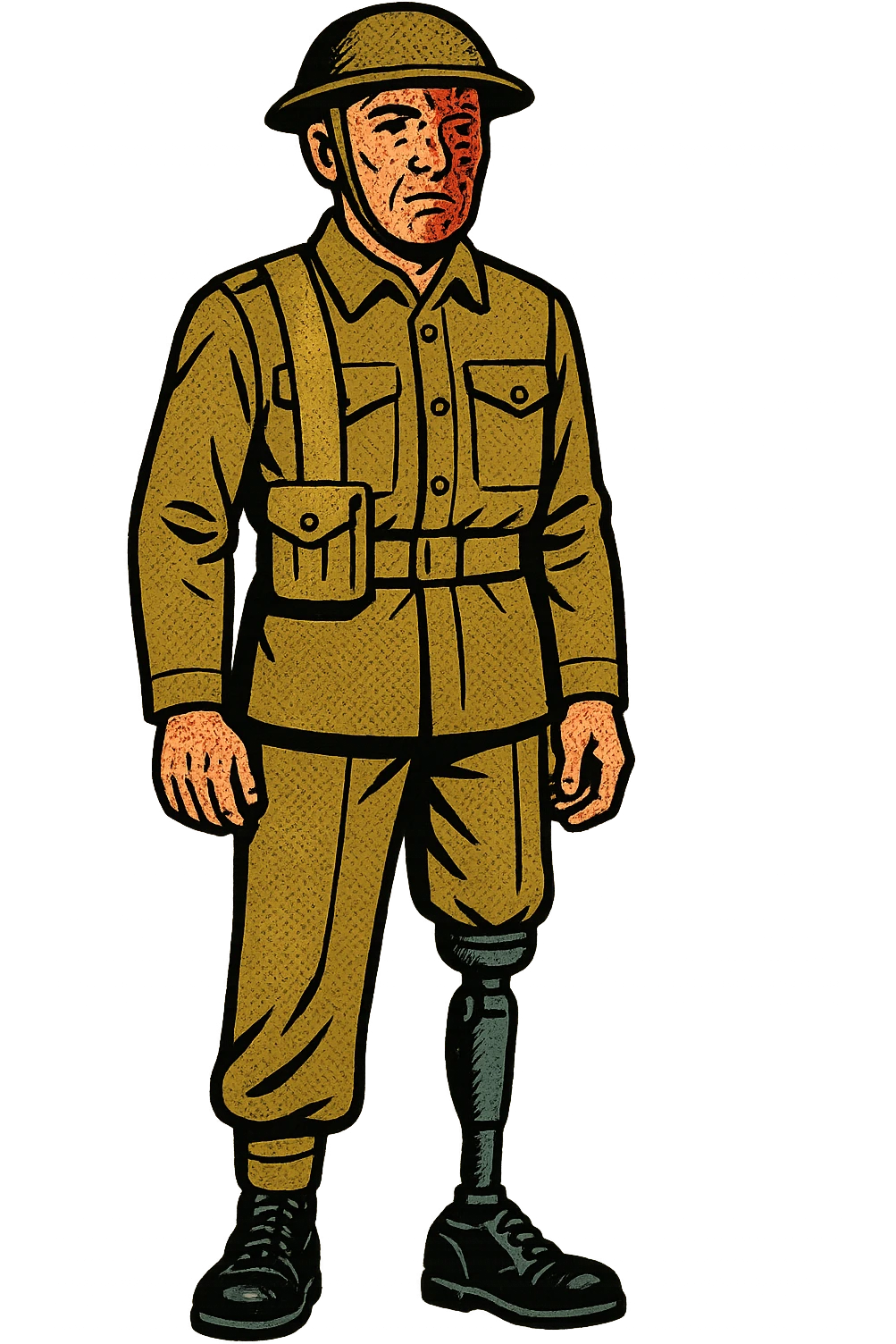 A British soldier from World War two standing up straight and facing to the front.  He has had a leg amputated and given a prosthetic leg and has burns on his face. emoji