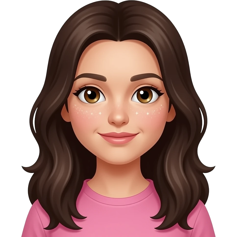 HT - hazel eyes, pale skin, dark brown long hair, glitter on face, pink clothes emoji