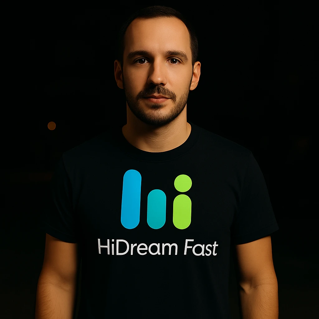 man wearing tshirt with this logo, dark night background with dim , add fast below logo, make man fit into image, add fast insead pf the dev keep rest same emoji