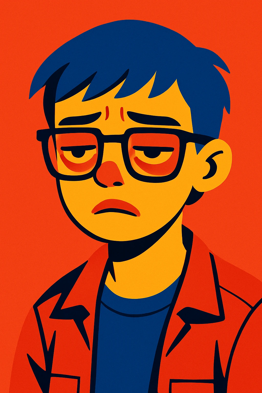 short-haired girl with a boyish style, tired face, wearing glasses, modern illustration style emoji