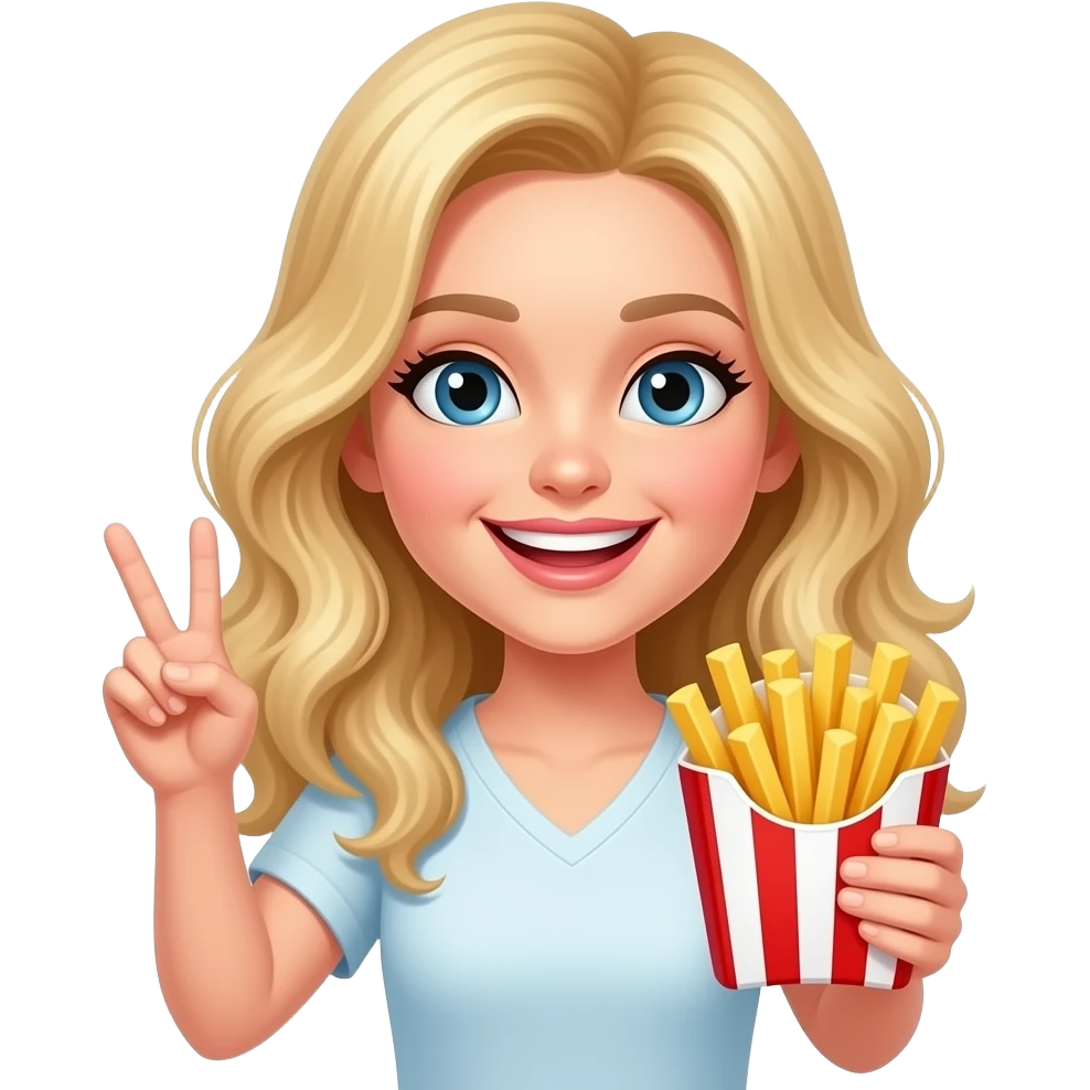 Blonde lady slightly wavy hair middle part mid back long holding french fries in a stripped red and white holder throwing up peace with innocent smile emoji
