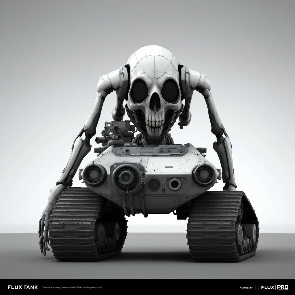 Create a sci-fi skull tank with a humanoid upper body featuring four arms at the shoulders, mounted at the back of a bulky tank chassis with realistic treads. The torso should lean forward aggressively. Render in Flux Pro style with detailed, realistic textures and a futuristic, mechanical look. emoji