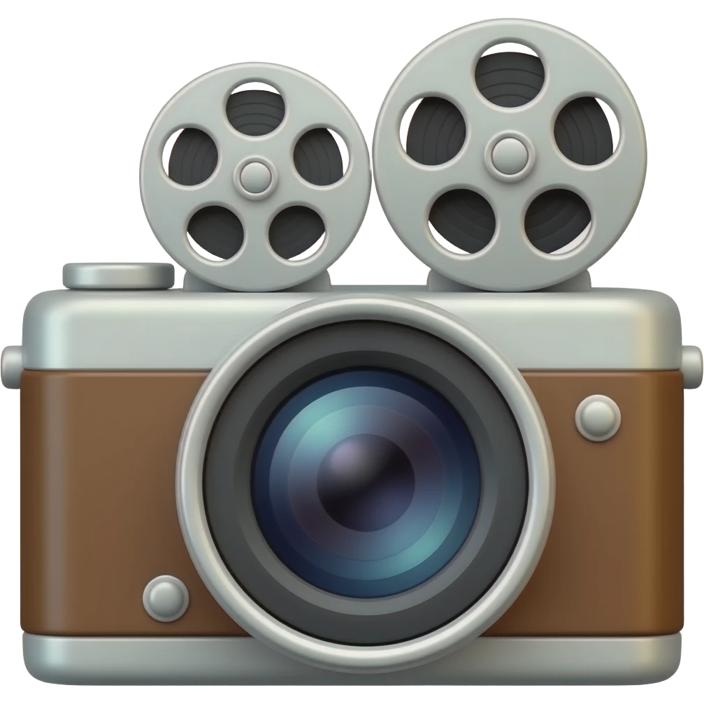 Glossy 3D rendered film camera emoji, front-facing, detailed lens barrel and film reels, warm friendly aesthetic, slightly rounded edges, soft shading, white background emoji