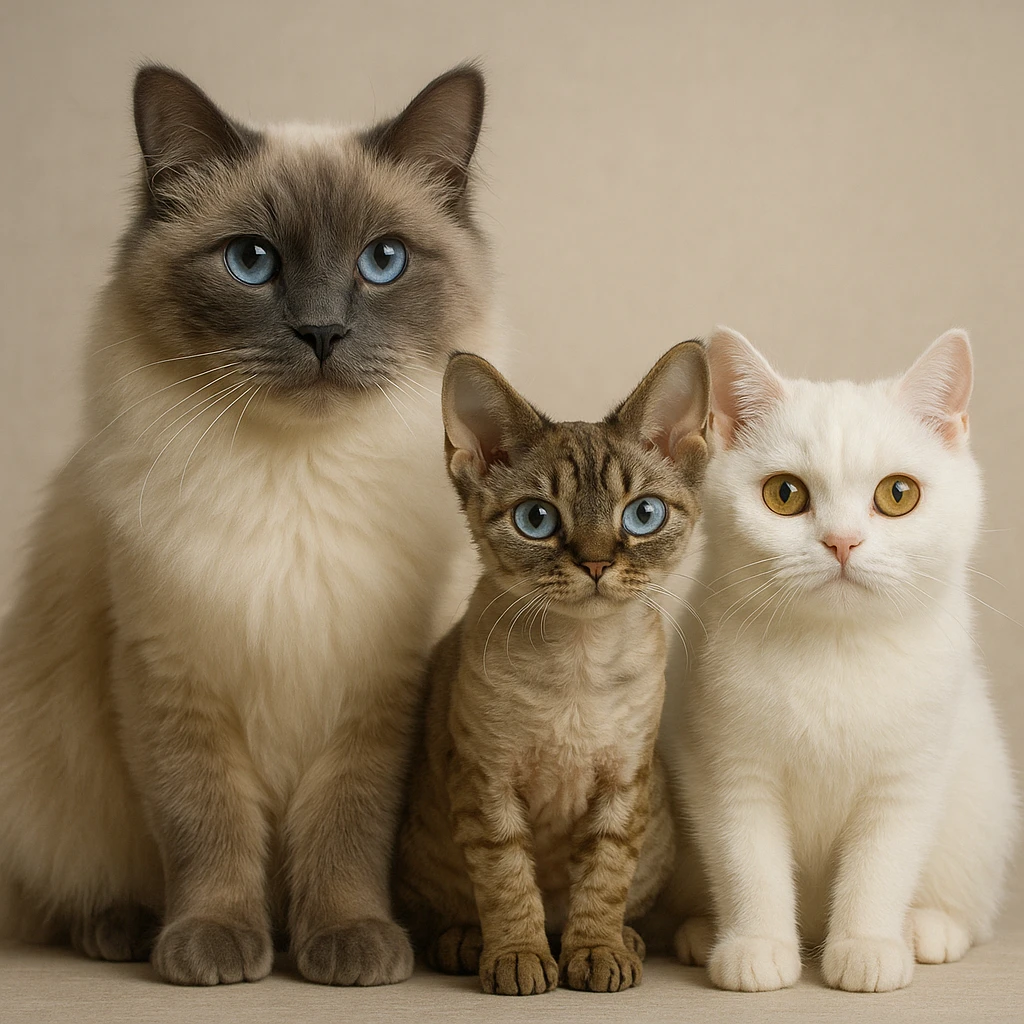 Three cats sitting close together from left to right: a big male blue point Birman cat with blue eyes, a small female brown tabby Devon Rex cat with pale blue eyes, and a small female white British Shorthair cat with yellow eyes. emoji
