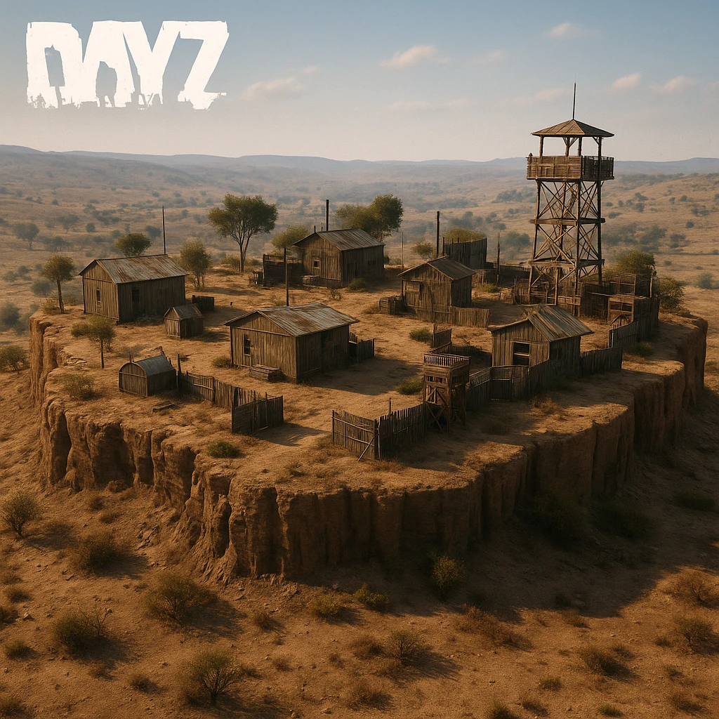 A small hilltop mesa city in the videogame dayz, screenshoot  emoji