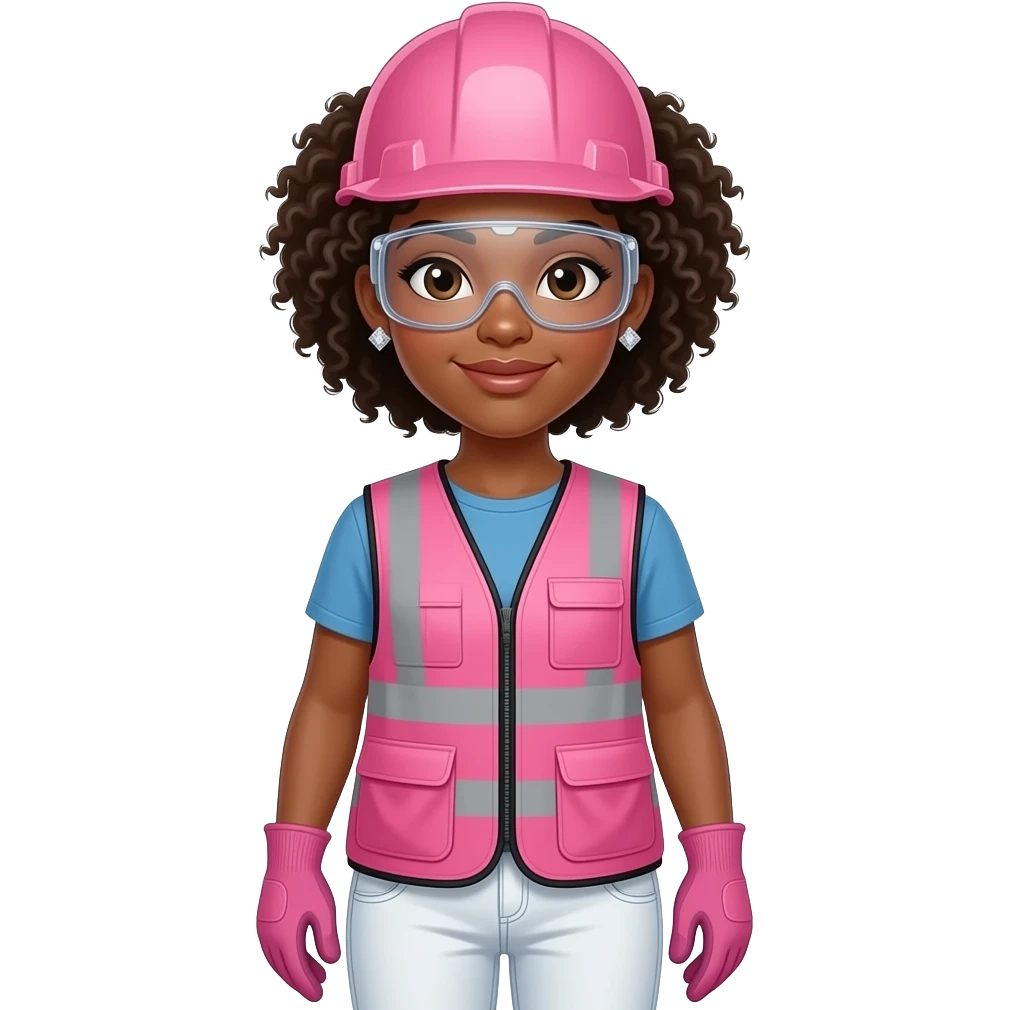African American woman with brown eyes with black fro bun ponytil wearing diamond earrings wearing pink and clear safety glasses wearing a pink construction vest wearing white pans wearing pink construction vest wearing white pants wearing pink construction gloves emoji