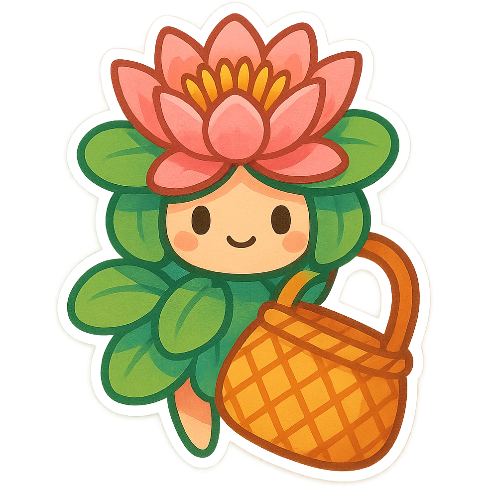 mascota para proyecto productivo, lirio de agua y bolso artesanal fusionados en una sola figura, estilo abstracto y artístico, colores llamativos emoji