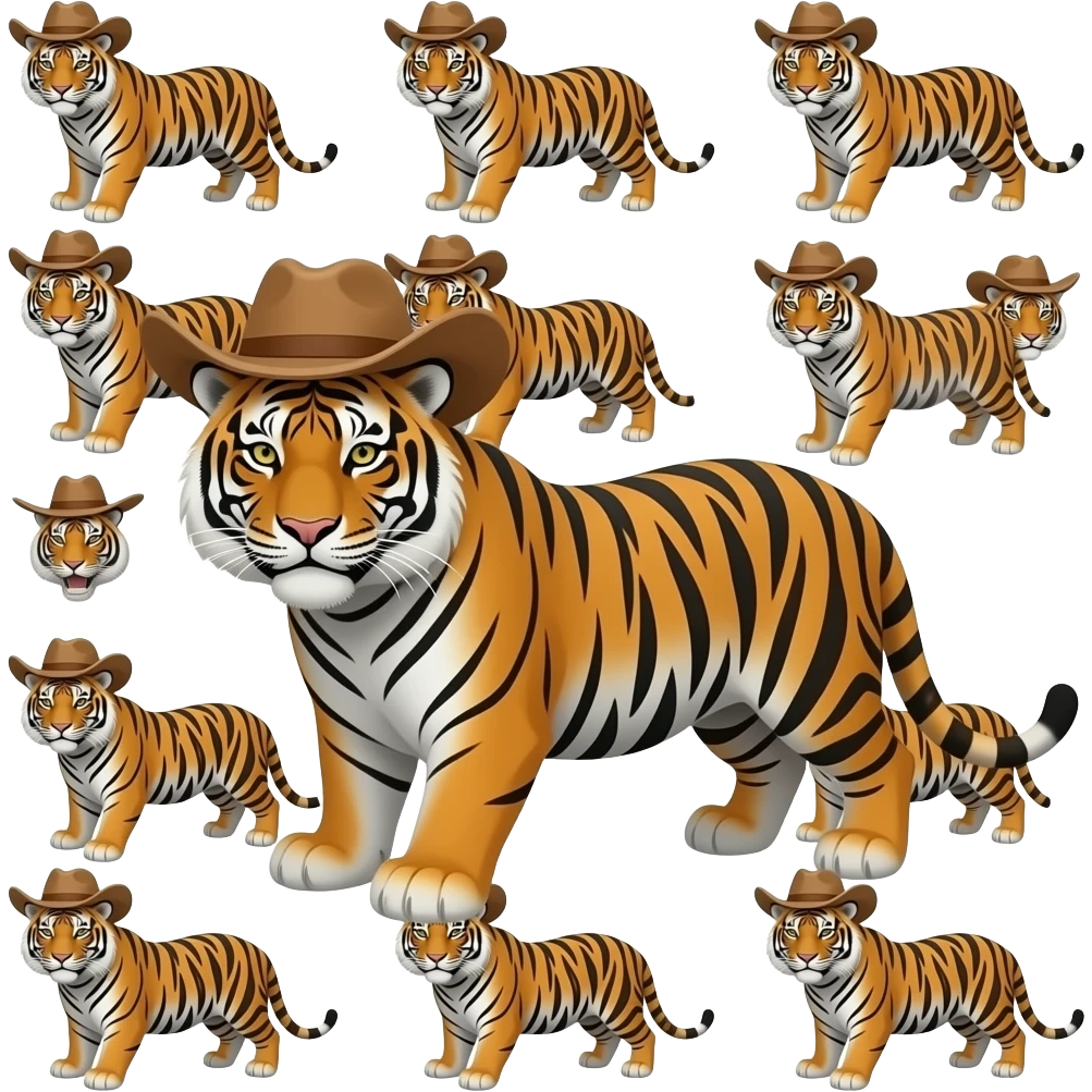 many tigers wearing cowboy hats all same size on all fours emoji
