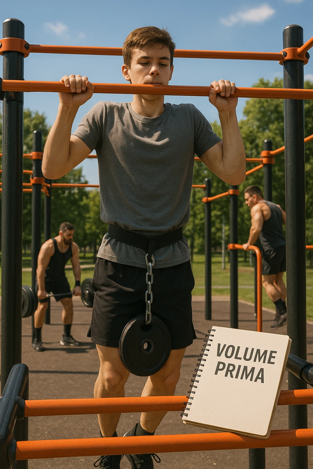 Atleta neofita giovane in un parco attrezzato per streetlifting, fisico ancora in fase iniziale. È intento a eseguire molte ripetizioni di esercizi a corpo libero con pesi leggeri (zavorra moderata), come trazioni e dip su parallele. Accanto a lui un taccuino di allenamento con la scritta 'Volume Prima'. L’atmosfera è luminosa e motivante, con altri atleti più muscolosi che sollevano carichi pesanti, ma lui è concentrato sul gesto tecnico e sulla costanza. Stile realistico, colori naturali, messaggio educativo su priorità all’adattamento progressivo e al volume. emoji