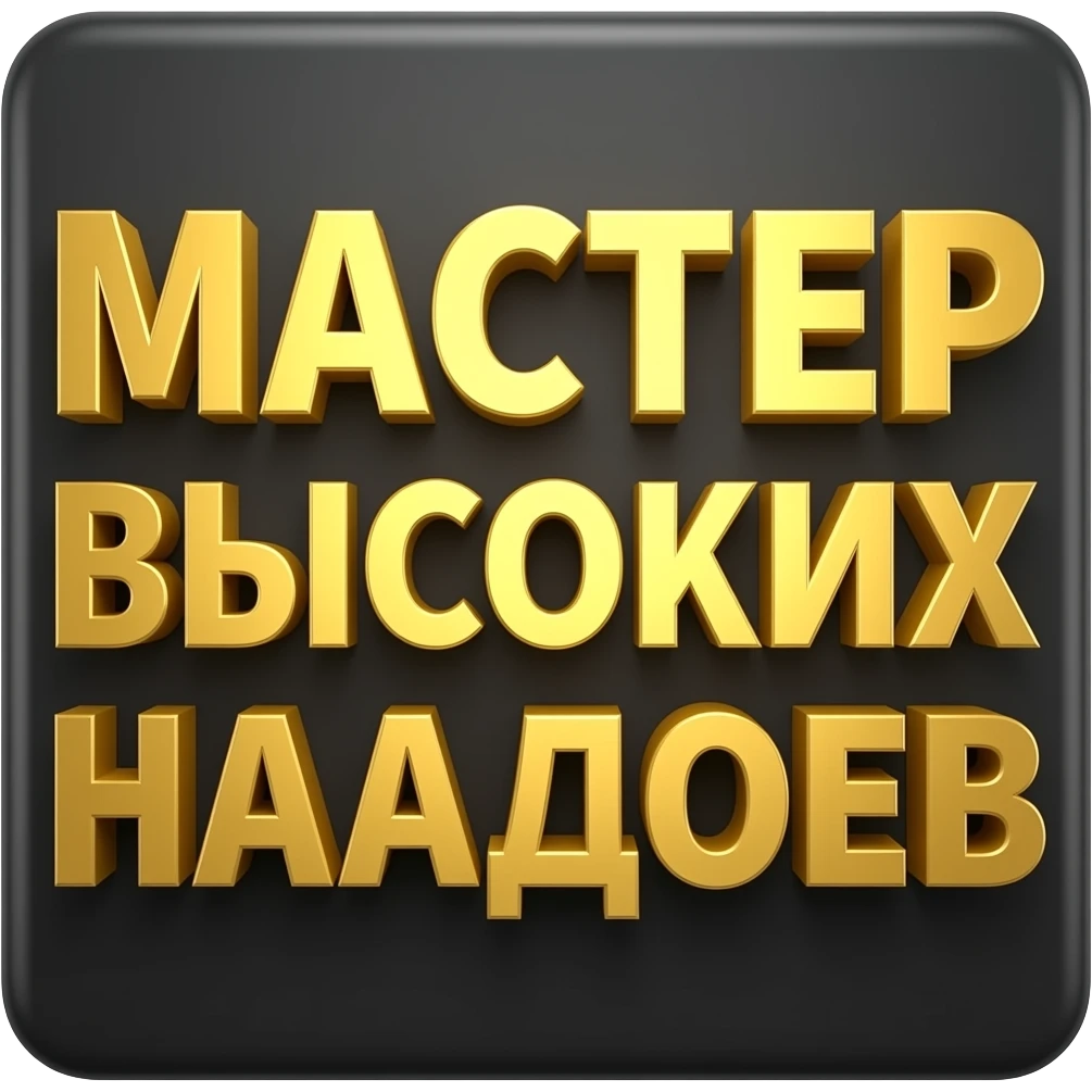 The black background is filled by bold, large, high-definition 3D golden Russian text, precisely centered. The text must read over two lines, all caps: 'МАСТЕР ВЫСОКИХ НАДОЕВ'. Clean details, studio lighting, white background." emoji