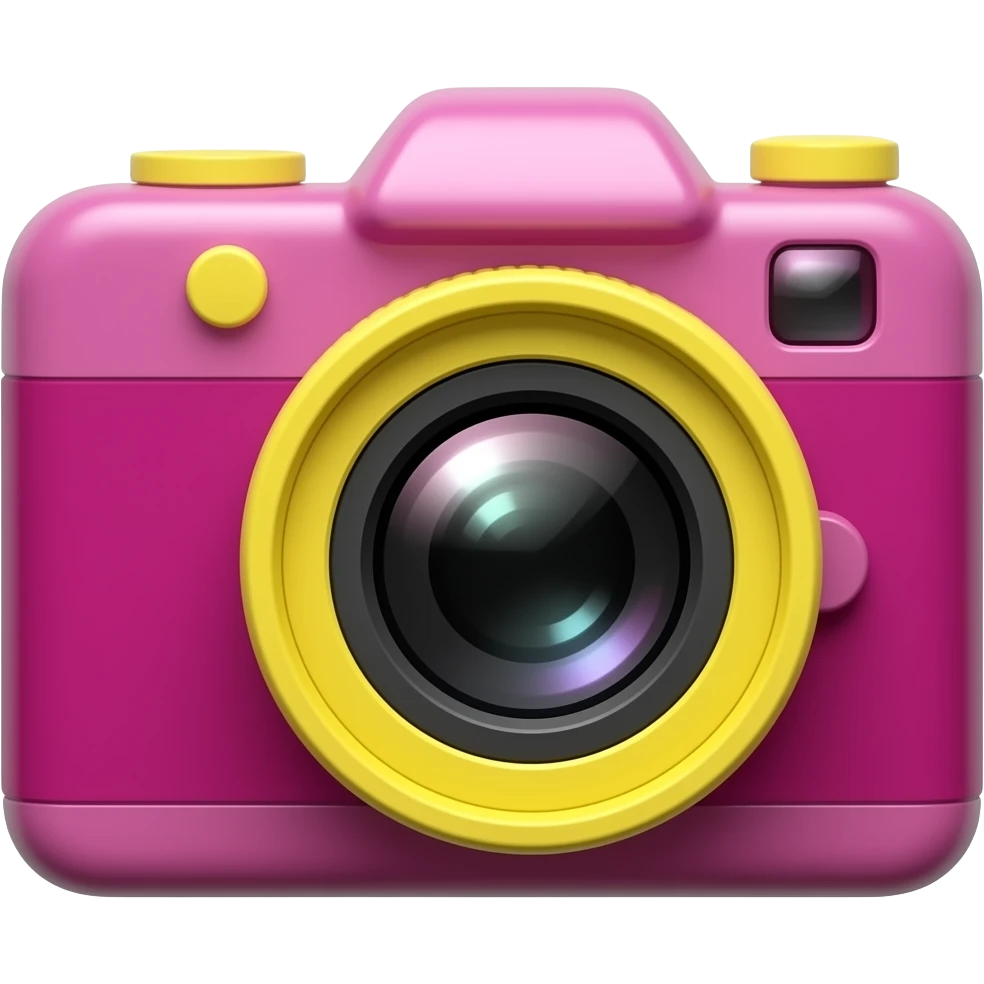 Glossy 3D rendered camera emoji, straight on front-facing view, detailed with distinct lens barrel and film reels, slightly rounded edges, highly saturated deep magenta hot-pink-purple body, vivid neon lemon yellow lens and accents, no muted or pastel tones, soft shading, white background emoji