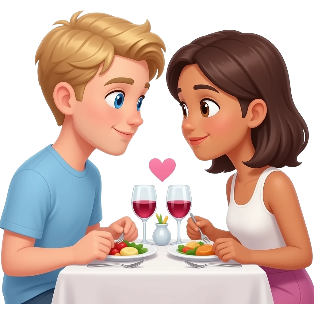 Make a young gay teen couple on a Date , one has light Skin with Blond Hair and Blue Eyes, the other one has slightly brown skin witz dark Brown Hair and Brown Eyes. They are on a date having dinner. They look at each other in love. emoji