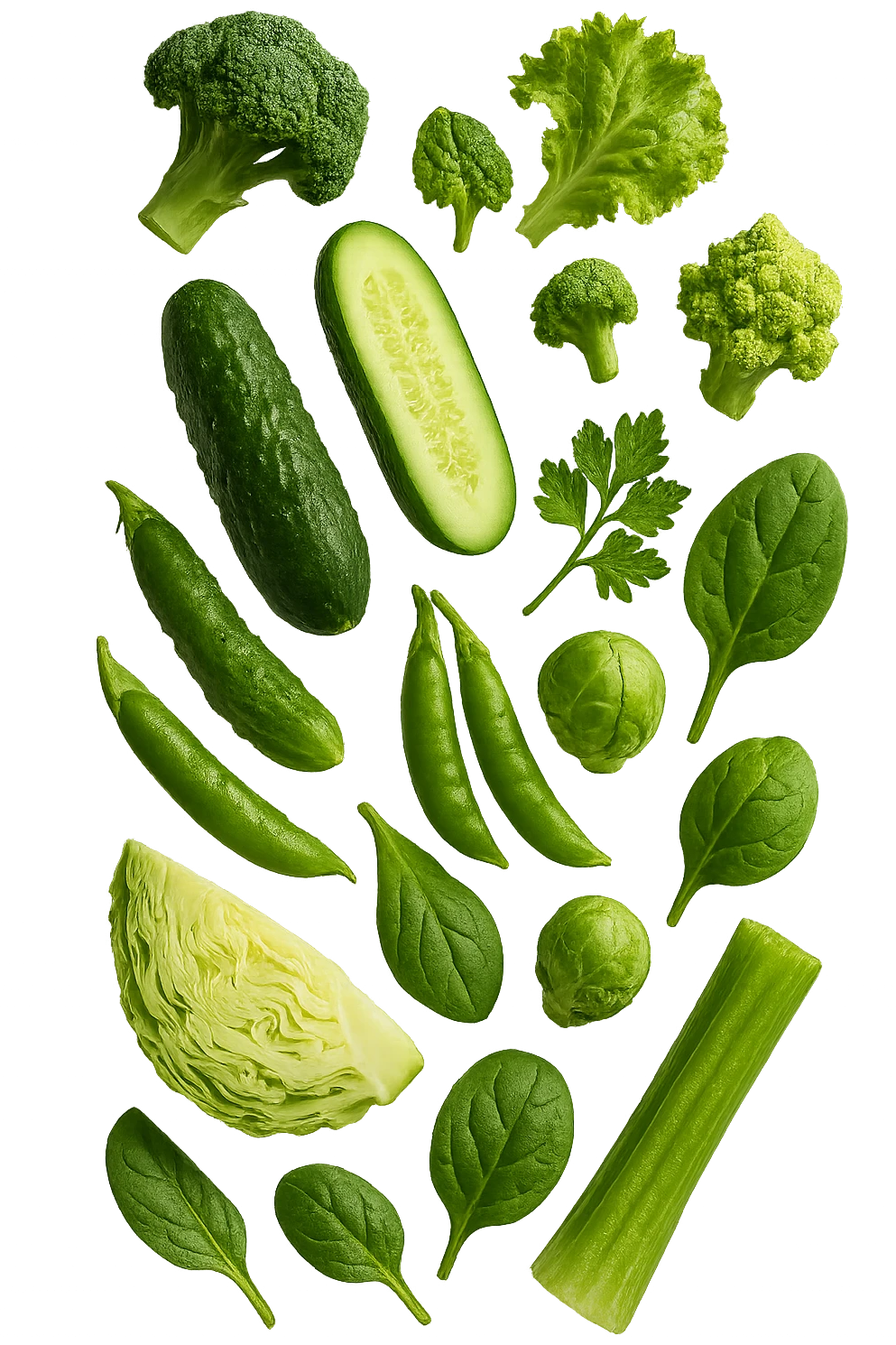 varie verdure verdi fluttuano in aria e cadono verticalmente, IPERREALISTICA 4K emoji