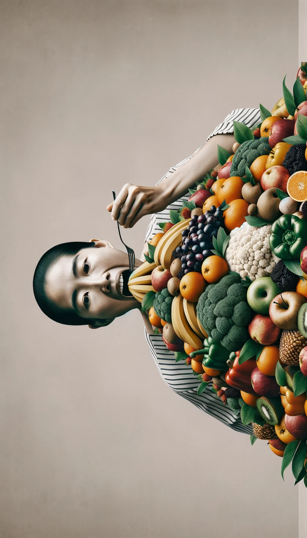 donna che mangia una montagna di frutta e verdura, SFONDO CHIARO NEUTRO, colori realistici, iperrealistico 4k emoji