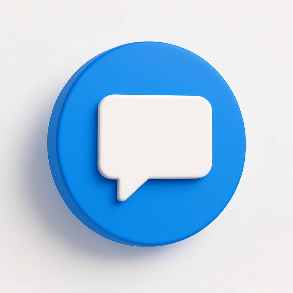 3D blue circular comment icon with a white rectangular speech bubble inside, modern social media style, minimal flat design, high contrast, centered on a clean dark green background, no text emoji