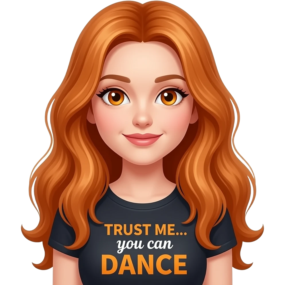sexy girl with overlong ginger hair and ginger eyes a top with TRUST ME... you can DANCE written on it emoji